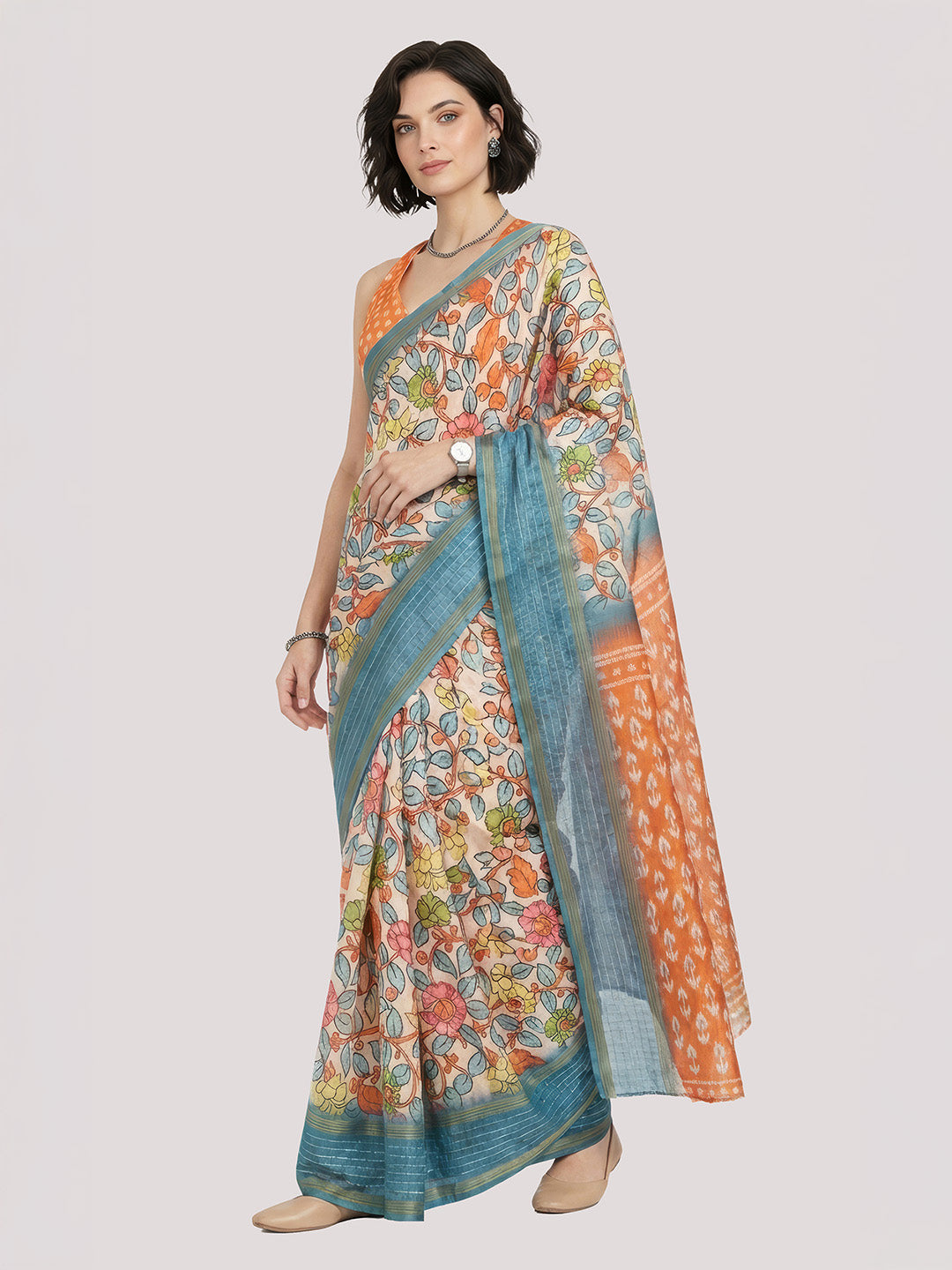 Janasya Women's Multicolor Silk Blend Ready To Wear Floral Printed Saree with Unstitched Blouse