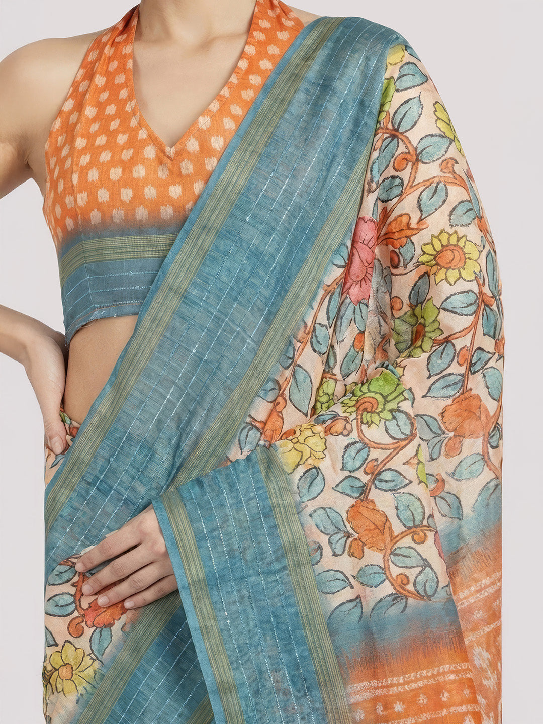 Janasya Women's Multicolor Silk Blend Ready To Wear Floral Printed Saree with Unstitched Blouse