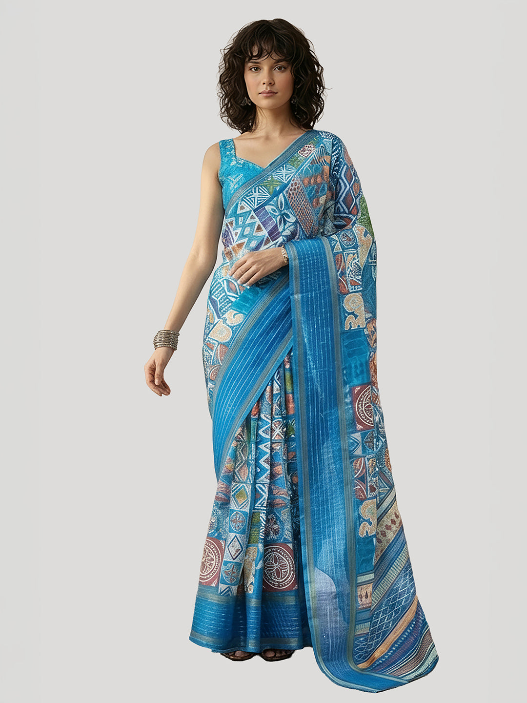 Janasya Women's Blue Silk Blend Ready To Wear Geometric Printed Saree with Unstitched Blouse