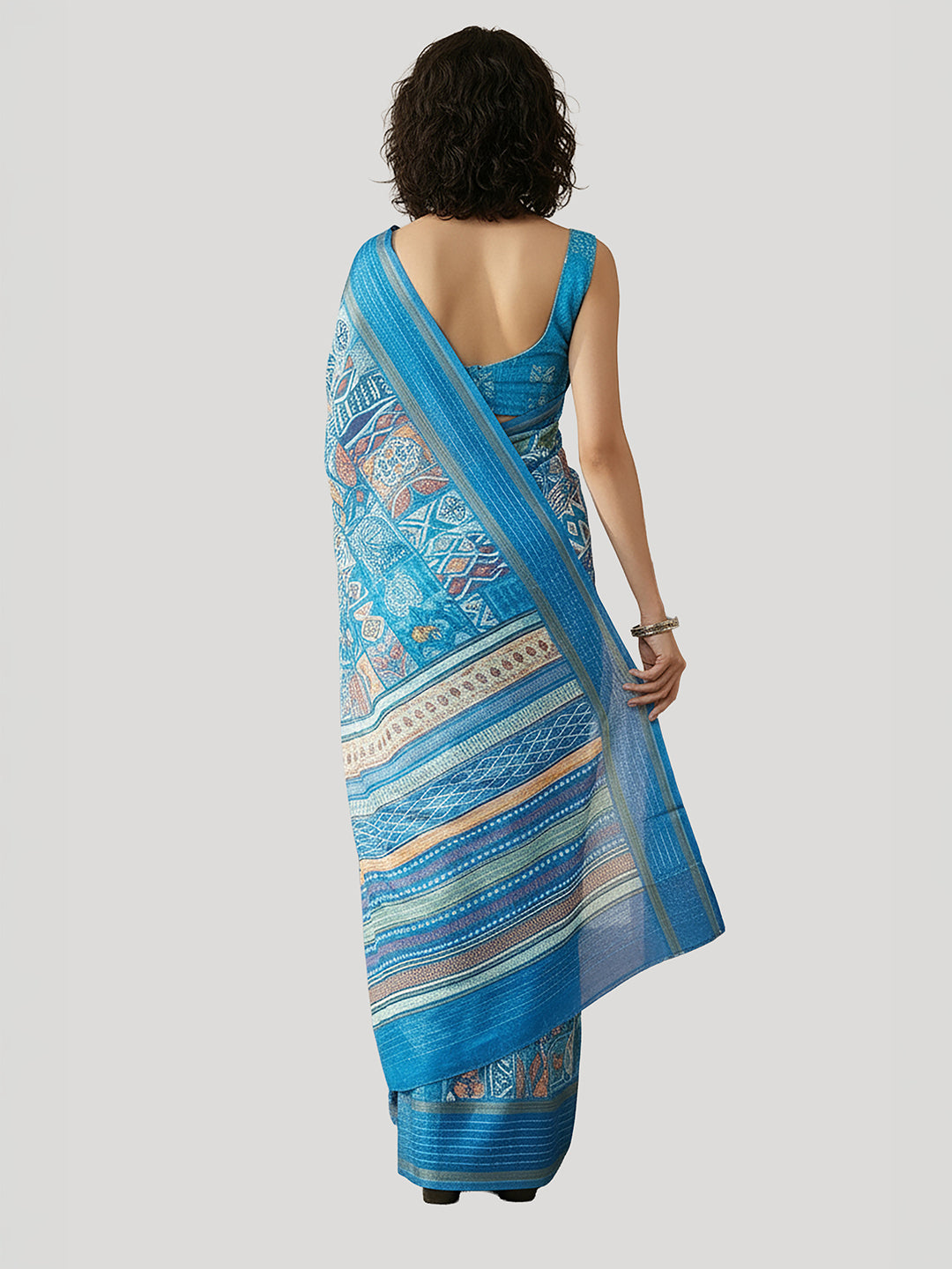 Janasya Women's Blue Silk Blend Ready To Wear Geometric Printed Saree with Unstitched Blouse
