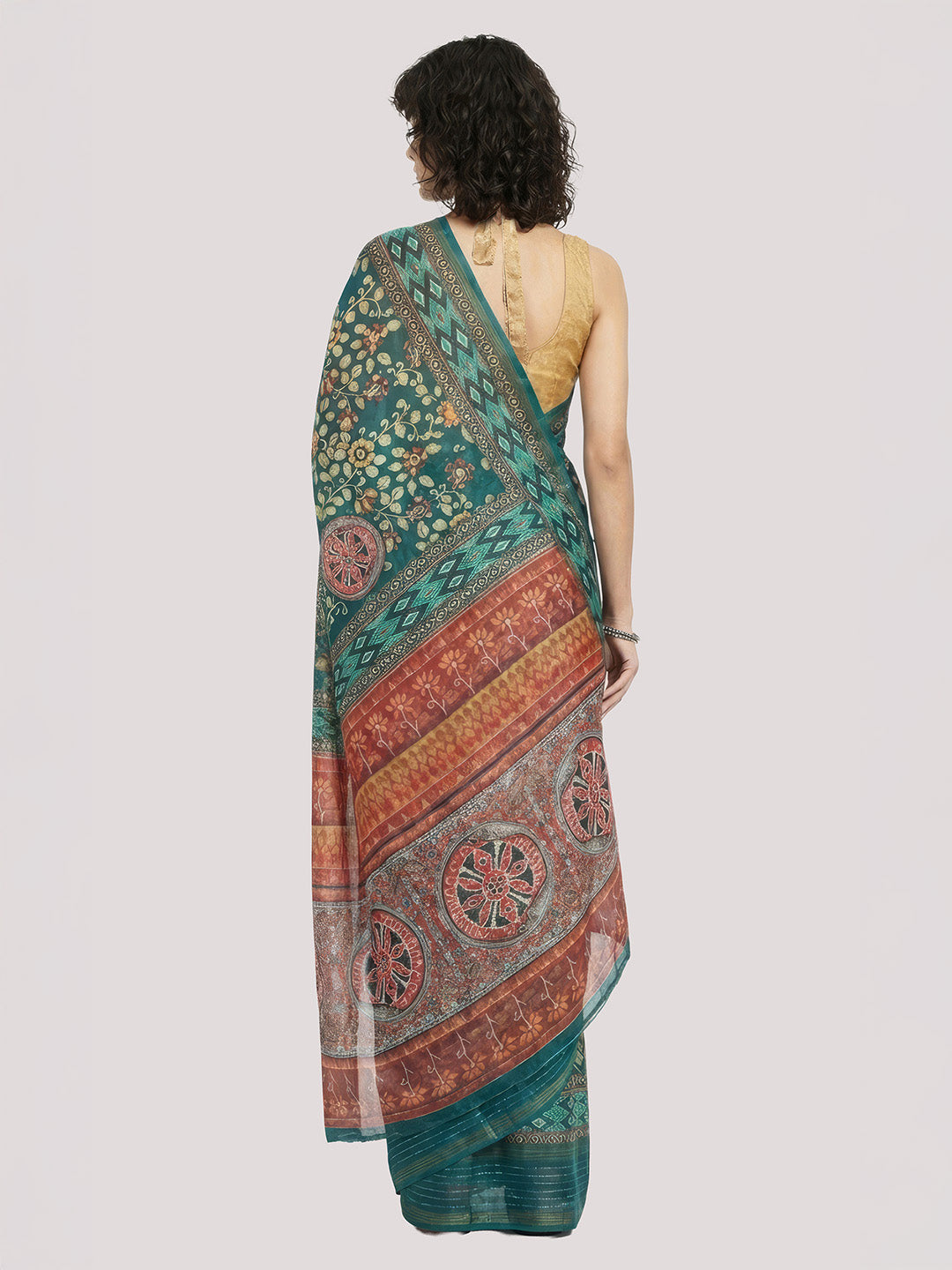 Janasya Women's Green Silk Blend Ready To Wear Floral Printed Saree with Unstitched Blouse