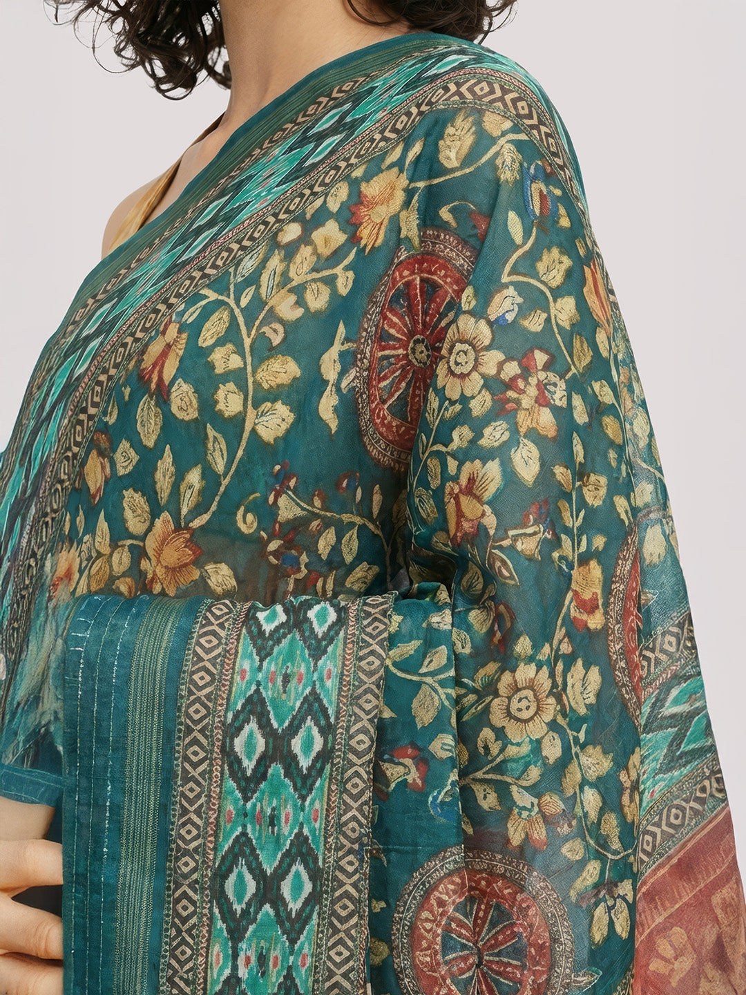 Janasya Women's Green Silk Blend Ready To Wear Floral Printed Saree with Unstitched Blouse