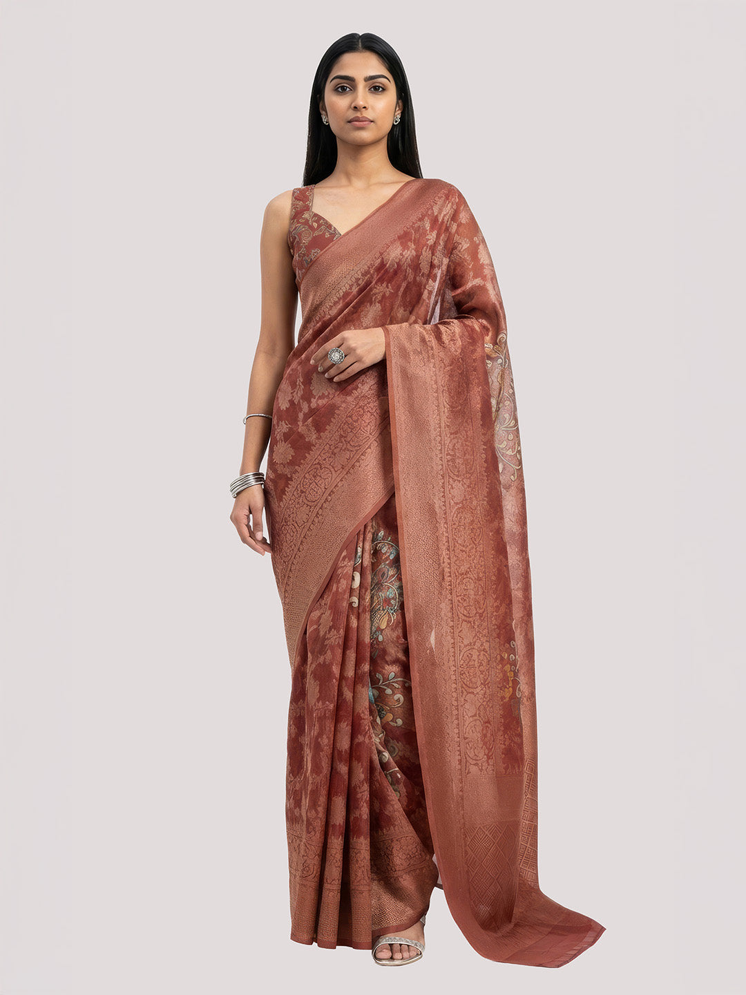 Janasya Women's Rust Jacquard Ready To Wear Floral Printed Saree with Unstitched Blouse
