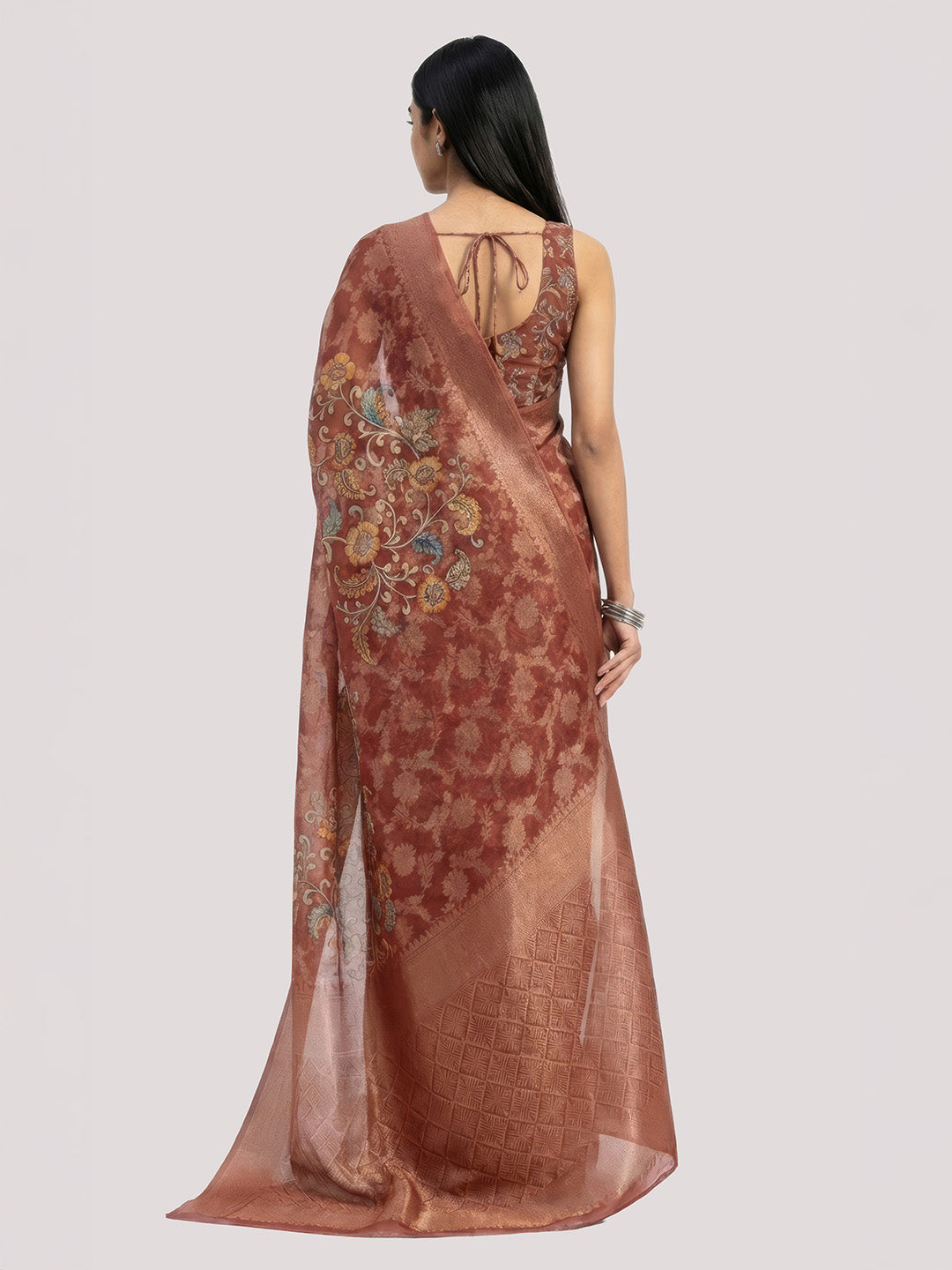 Janasya Women's Rust Jacquard Ready To Wear Floral Printed Saree with Unstitched Blouse