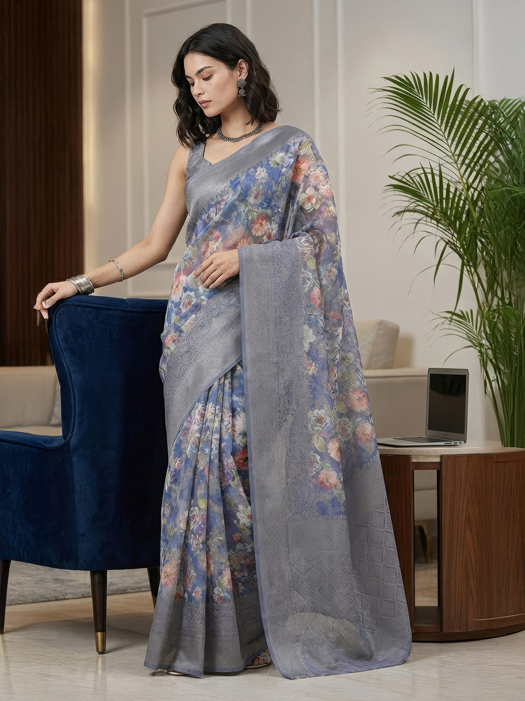 Janasya Women's Grey Blue Jacquard Ready To Wear Floral Printed Saree with Unstitched Blouse
