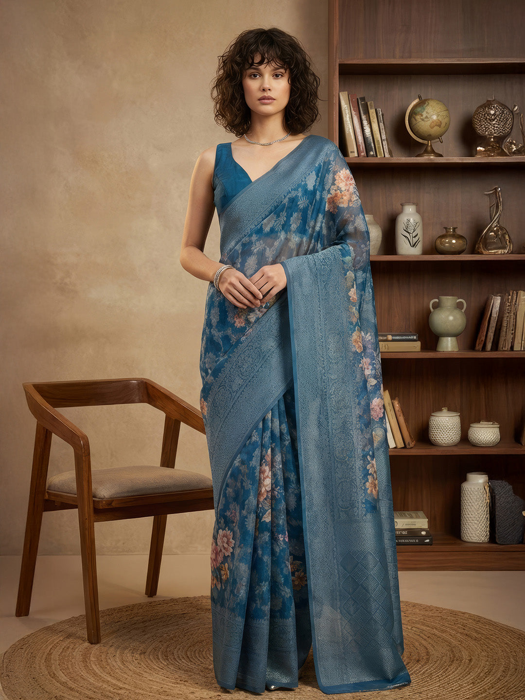 Janasya Women's Navy Blue Jacquard Ready To Wear Floral Printed Saree with Unstitched Blouse