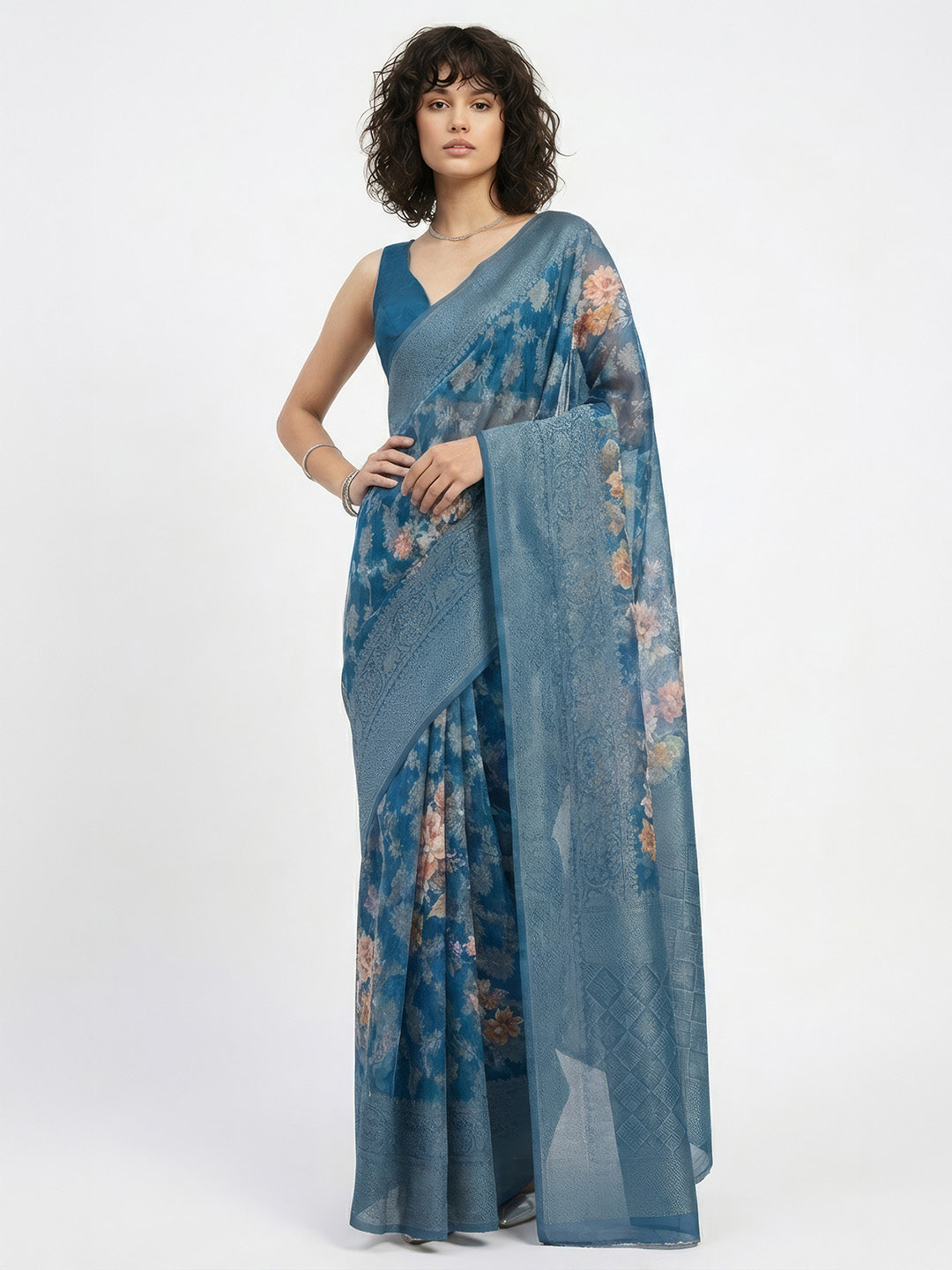 Janasya Women's Navy Blue Jacquard Ready To Wear Floral Printed Saree with Unstitched Blouse