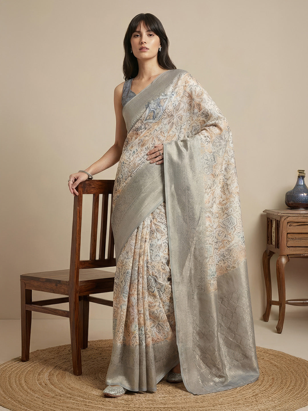 Janasya Women's Cream Jacquard Ready To Wear Floral Printed Saree with Unstitched Blouse
