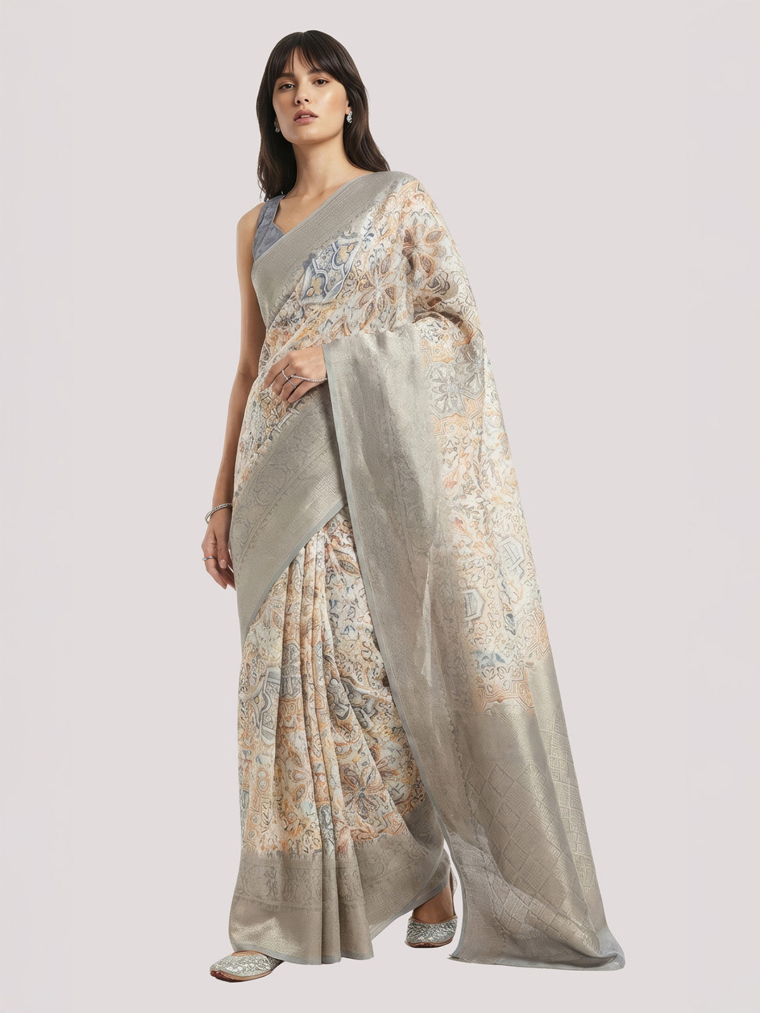 Janasya Women's Cream Jacquard Ready To Wear Floral Printed Saree with Unstitched Blouse