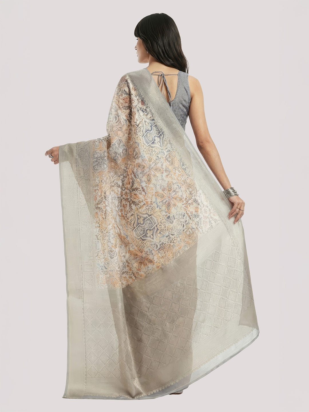Janasya Women's Cream Jacquard Ready To Wear Floral Printed Saree with Unstitched Blouse