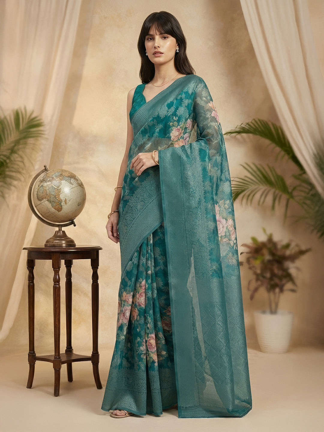 Janasya Women's Teal Blue Jacquard Ready To Wear Floral Printed Saree with Unstitched Blouse
