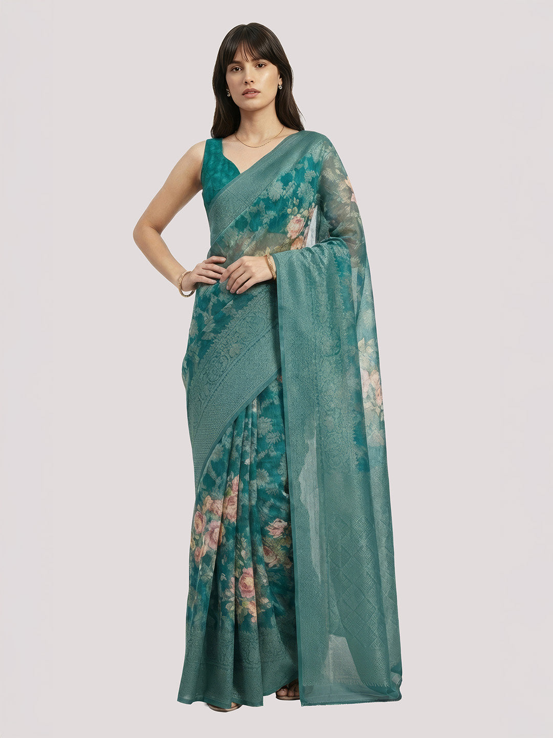 Janasya Women's Teal Blue Jacquard Ready To Wear Floral Printed Saree with Unstitched Blouse