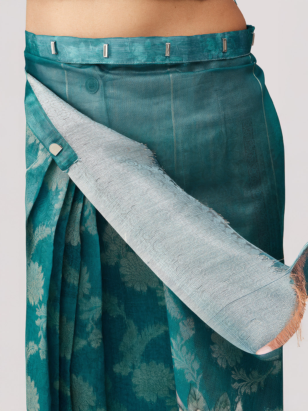 Janasya Women's Teal Blue Jacquard Ready To Wear Floral Printed Saree with Unstitched Blouse