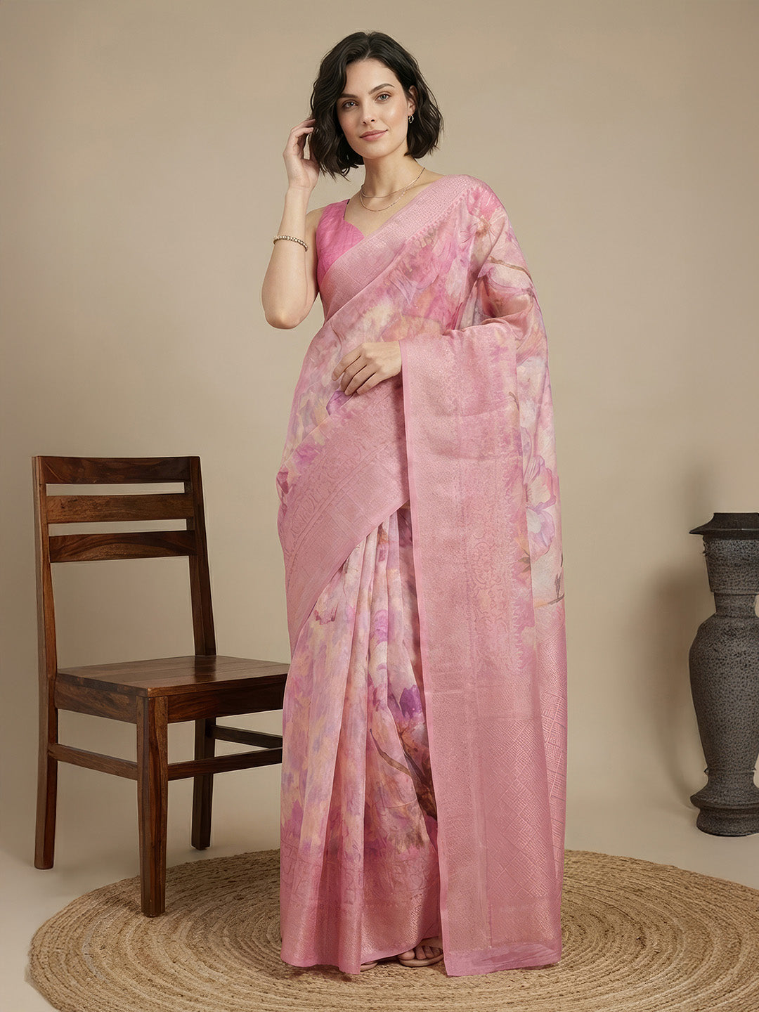 Janasya Women's Pink Jacquard Ready To Wear Floral Printed Saree with Unstitched Blouse