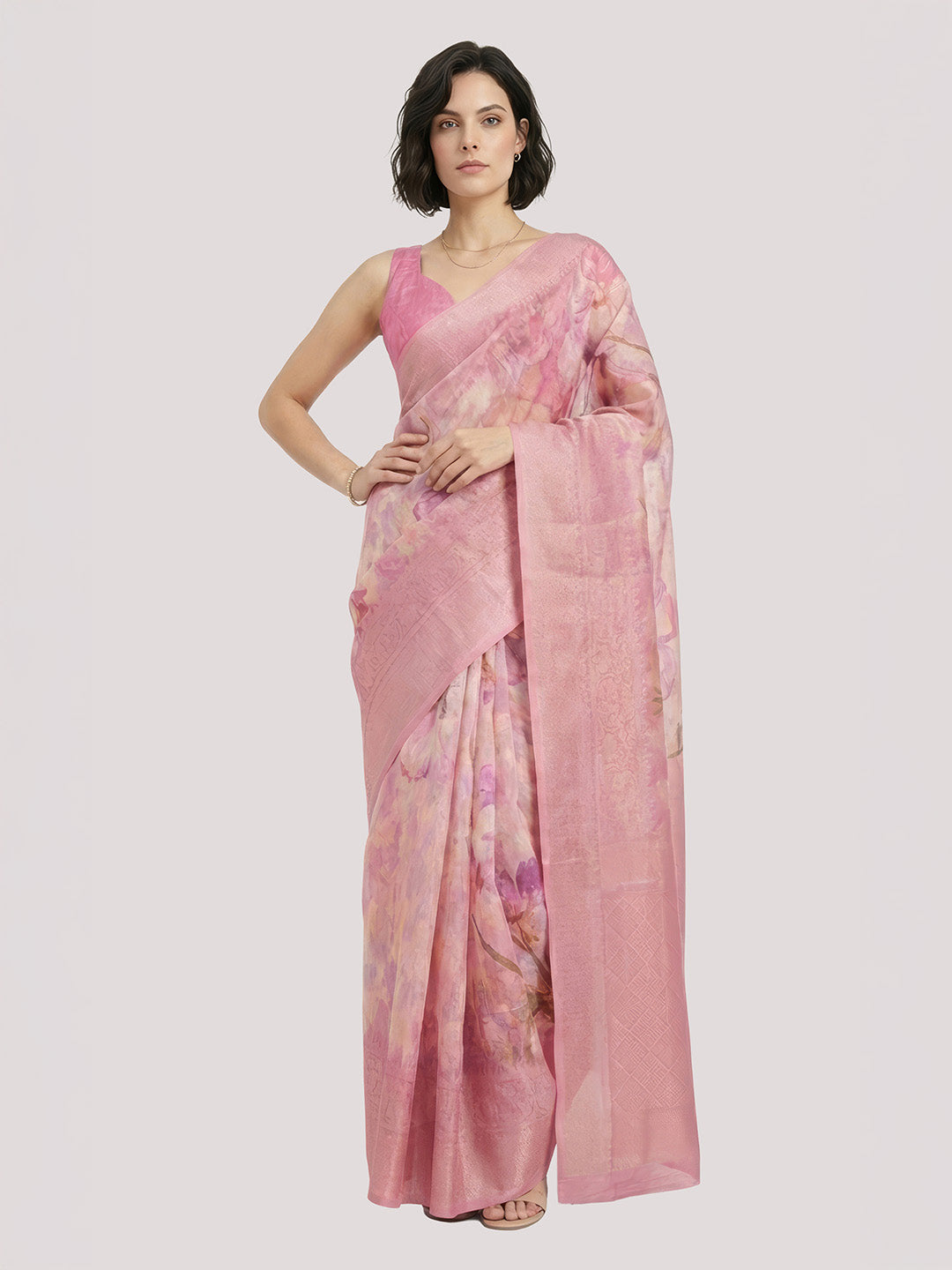 Janasya Women's Pink Jacquard Ready To Wear Floral Printed Saree with Unstitched Blouse