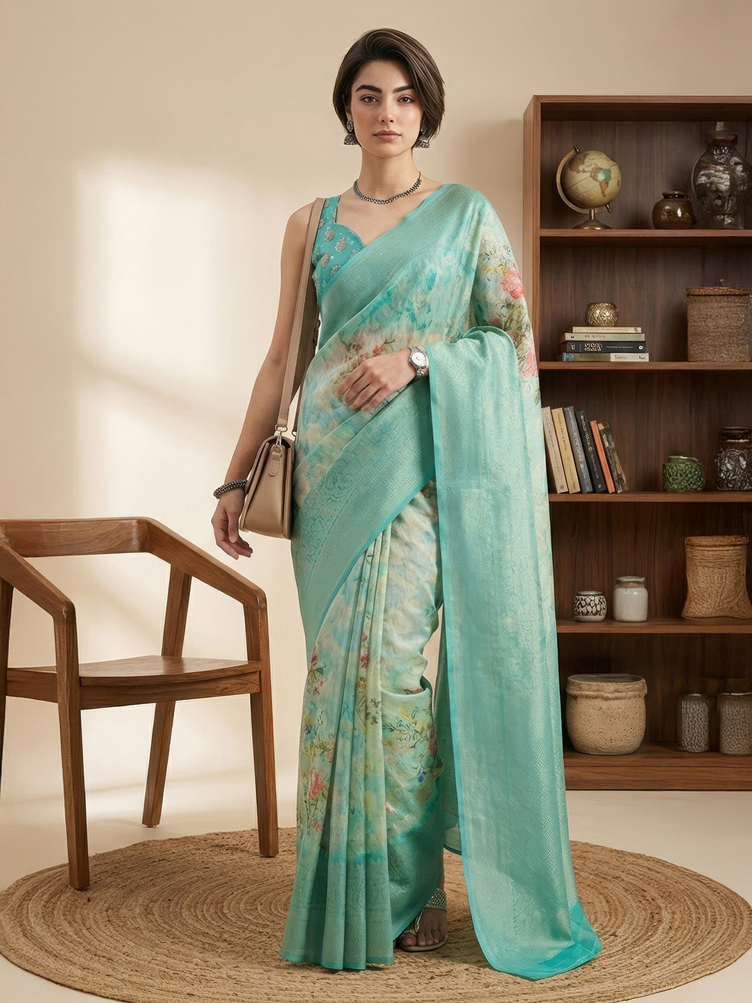 Janasya Women's Sea Green Jacquard Ready To Wear Floral Printed Saree with Unstitched Blouse