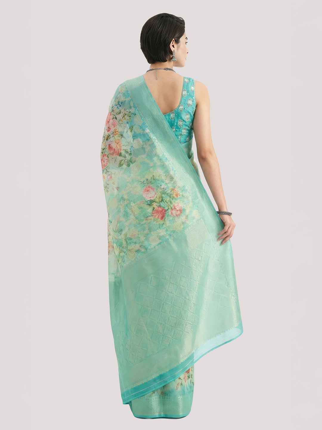 Janasya Women's Sea Green Jacquard Ready To Wear Floral Printed Saree with Unstitched Blouse