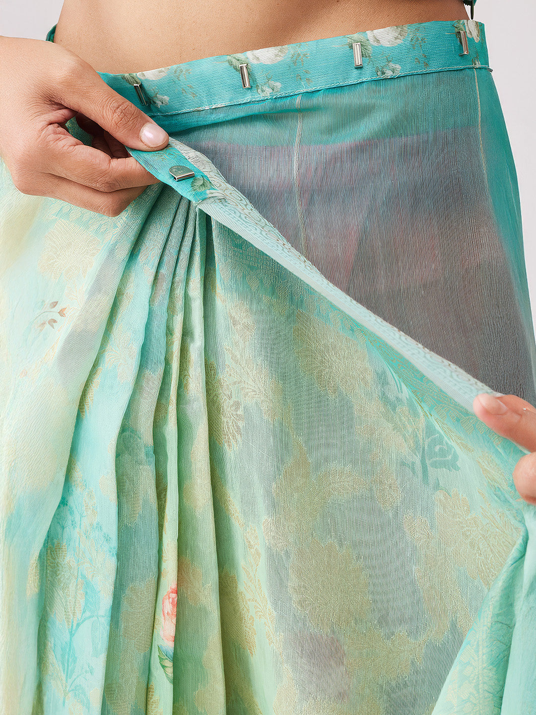 Janasya Women's Sea Green Jacquard Ready To Wear Floral Printed Saree with Unstitched Blouse