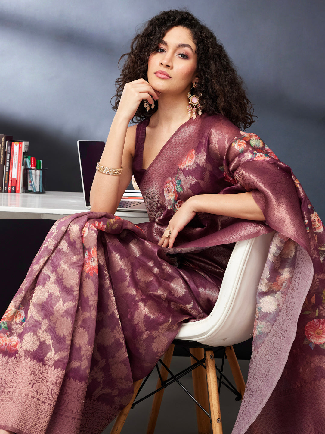 Janasya Women's Wine Jacquard Ready To Wear Floral Printed Saree with Unstitched Blouse
