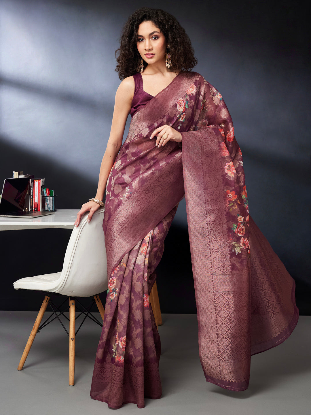 Janasya Women's Wine Jacquard Ready To Wear Floral Printed Saree with Unstitched Blouse