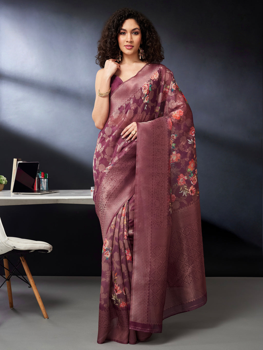 Janasya Women's Wine Jacquard Ready To Wear Floral Printed Saree with Unstitched Blouse