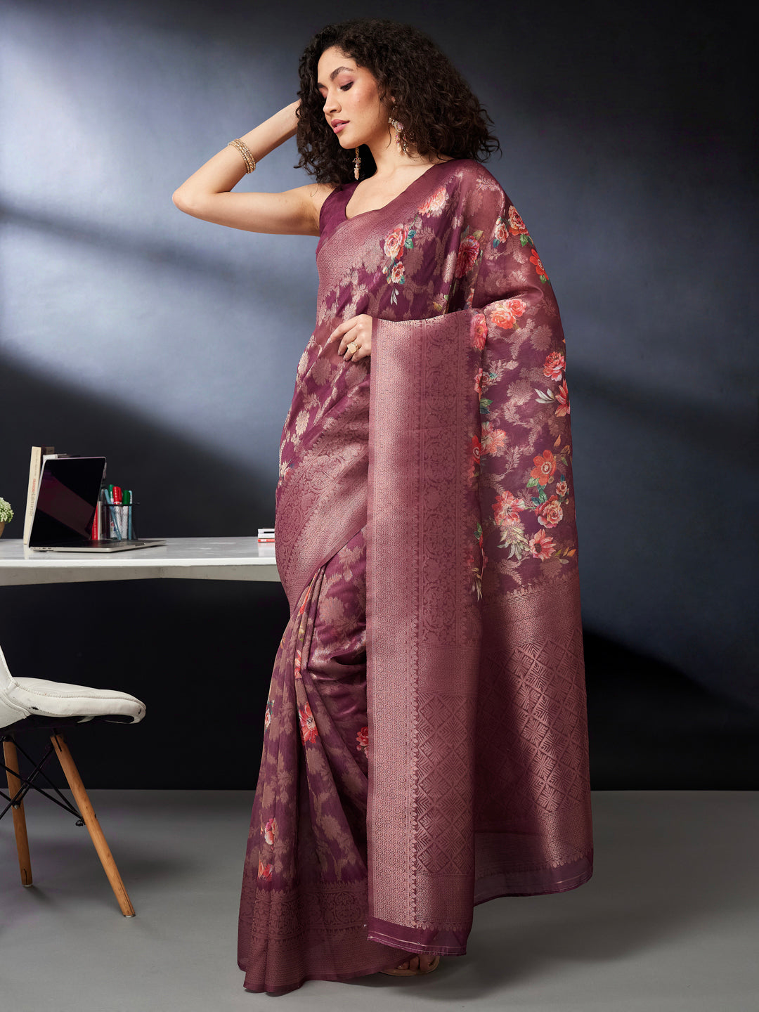Janasya Women's Wine Jacquard Ready To Wear Floral Printed Saree with Unstitched Blouse