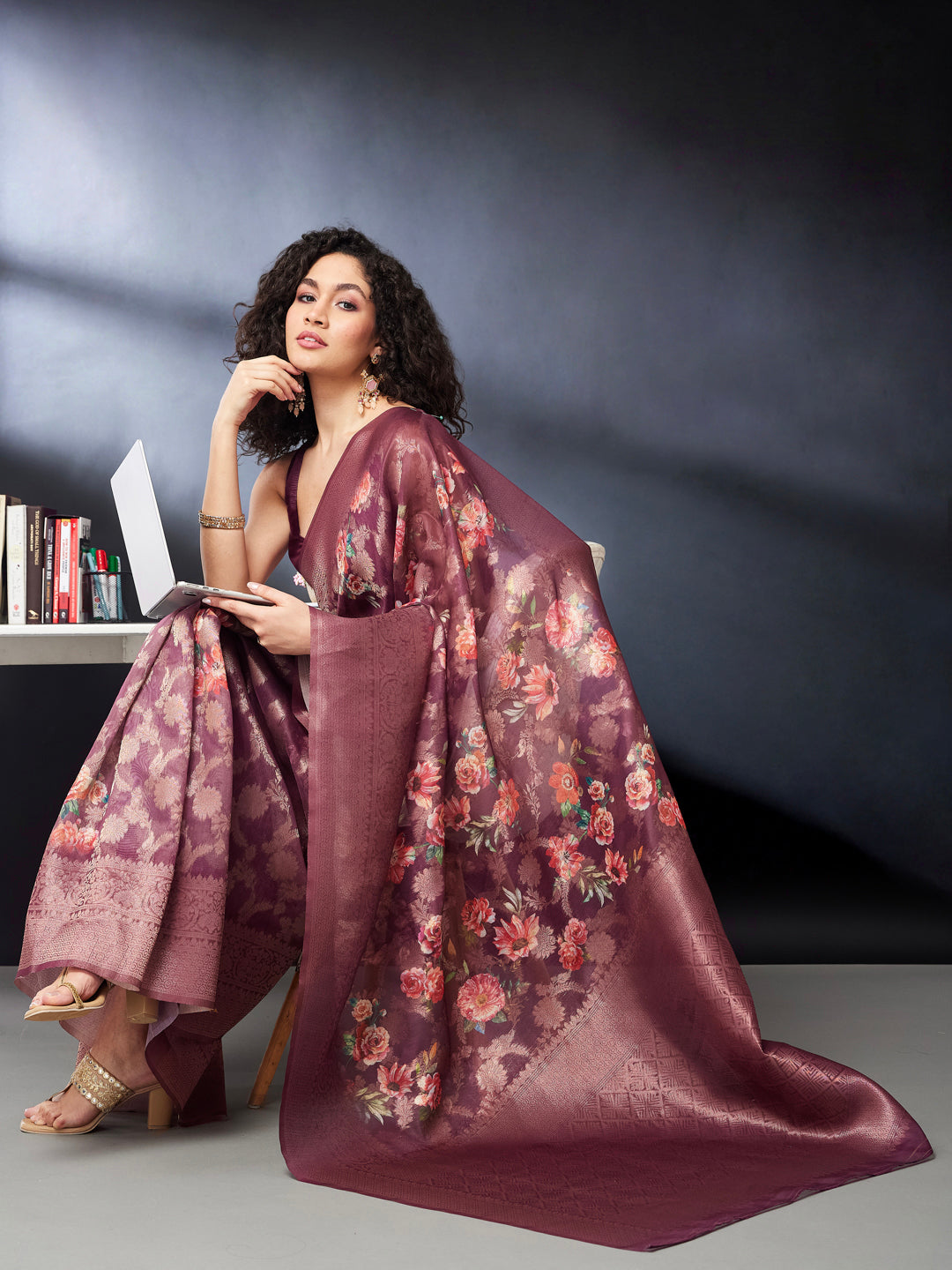 Janasya Women's Wine Jacquard Ready To Wear Floral Printed Saree with Unstitched Blouse