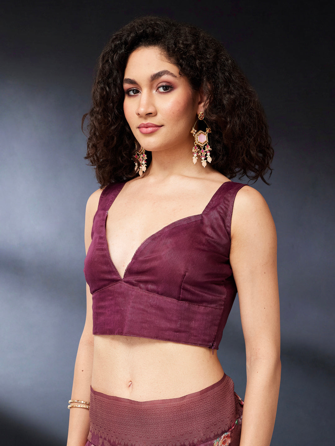 Janasya Women's Wine Jacquard Ready To Wear Floral Printed Saree with Unstitched Blouse