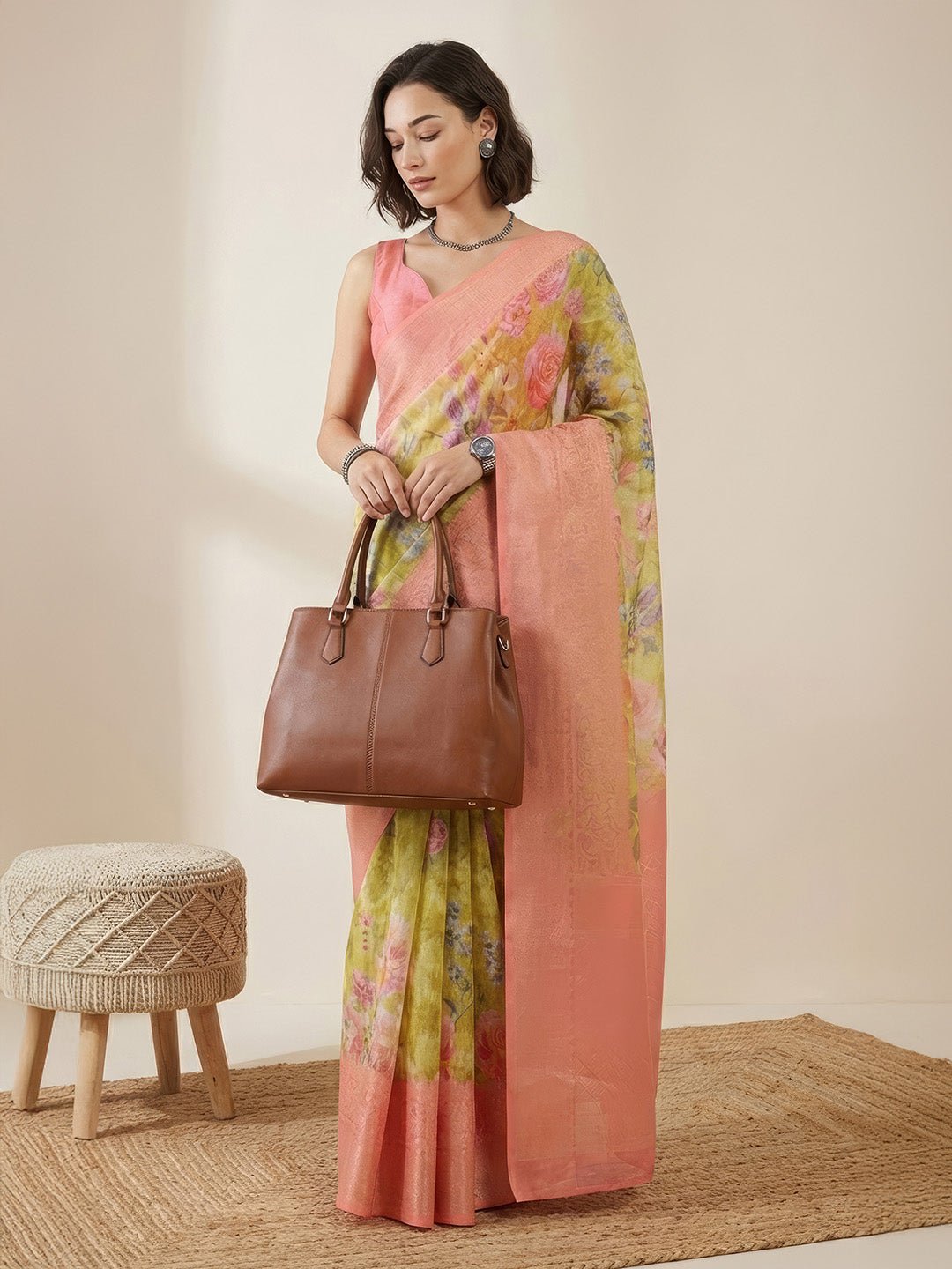 Janasya Women's Yellow Jacquard Ready To Wear Floral Printed Saree with Unstitched Blouse
