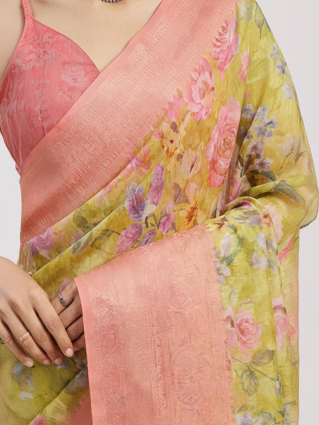 Janasya Women's Yellow Jacquard Ready To Wear Floral Printed Saree with Unstitched Blouse