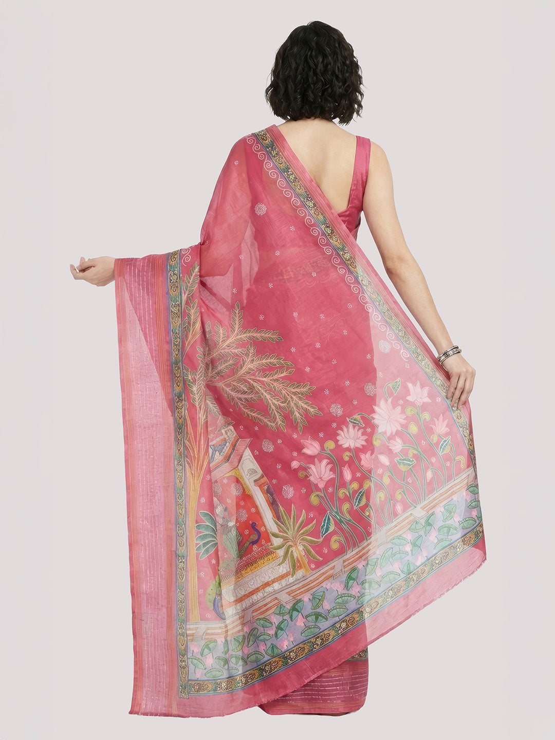 Janasya Women's Pink Silk Blend Ready To Wear Ethnic Motif Printed Saree with Unstitched Blouse