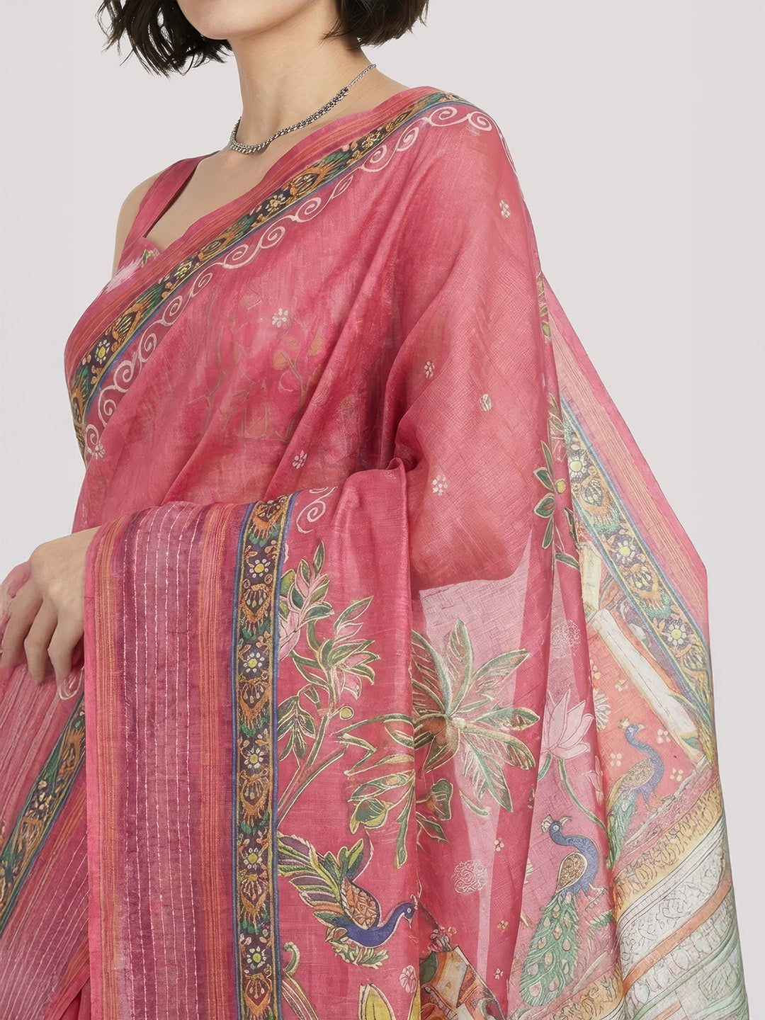 Janasya Women's Pink Silk Blend Ready To Wear Ethnic Motif Printed Saree with Unstitched Blouse