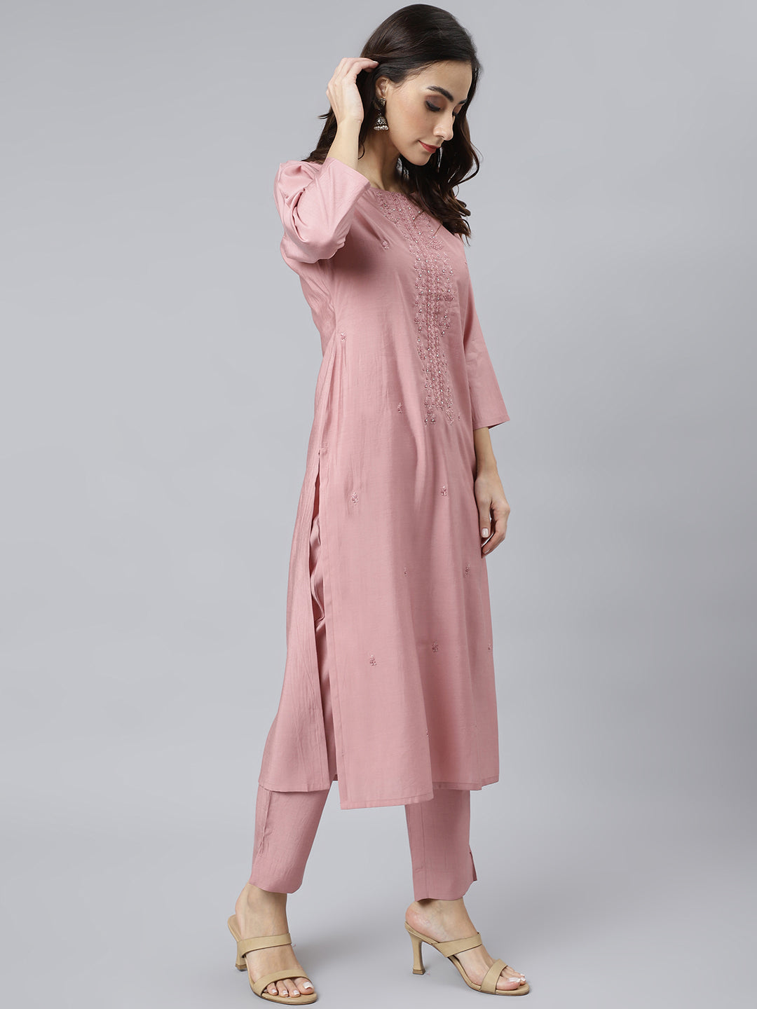 Light Pink Poly Silk Embroidered Kurta with Pant and Dupatta Light Pink Poly Silk Embroidered Kurta with Pant and Dupatta