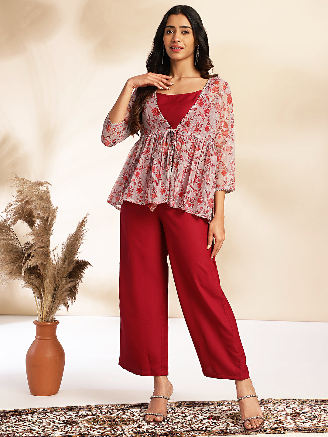 Wine Moss Solid Crop Top with Pant and Jacket