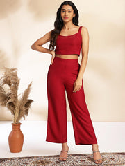 Wine Moss Solid Crop Top with Pant and Jacket
