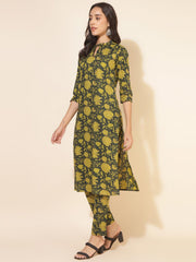 Dark Green Cotton Floral Straight Co-ord Set