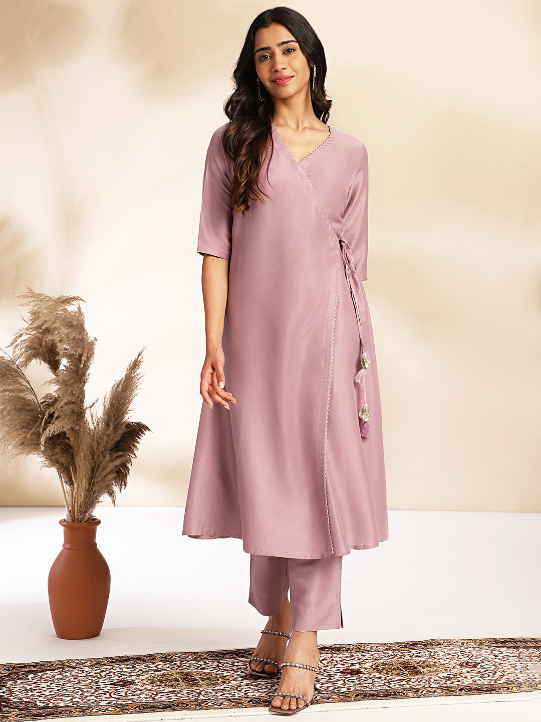 Lavender Silk Blend Solid Angrakha Kurta Set