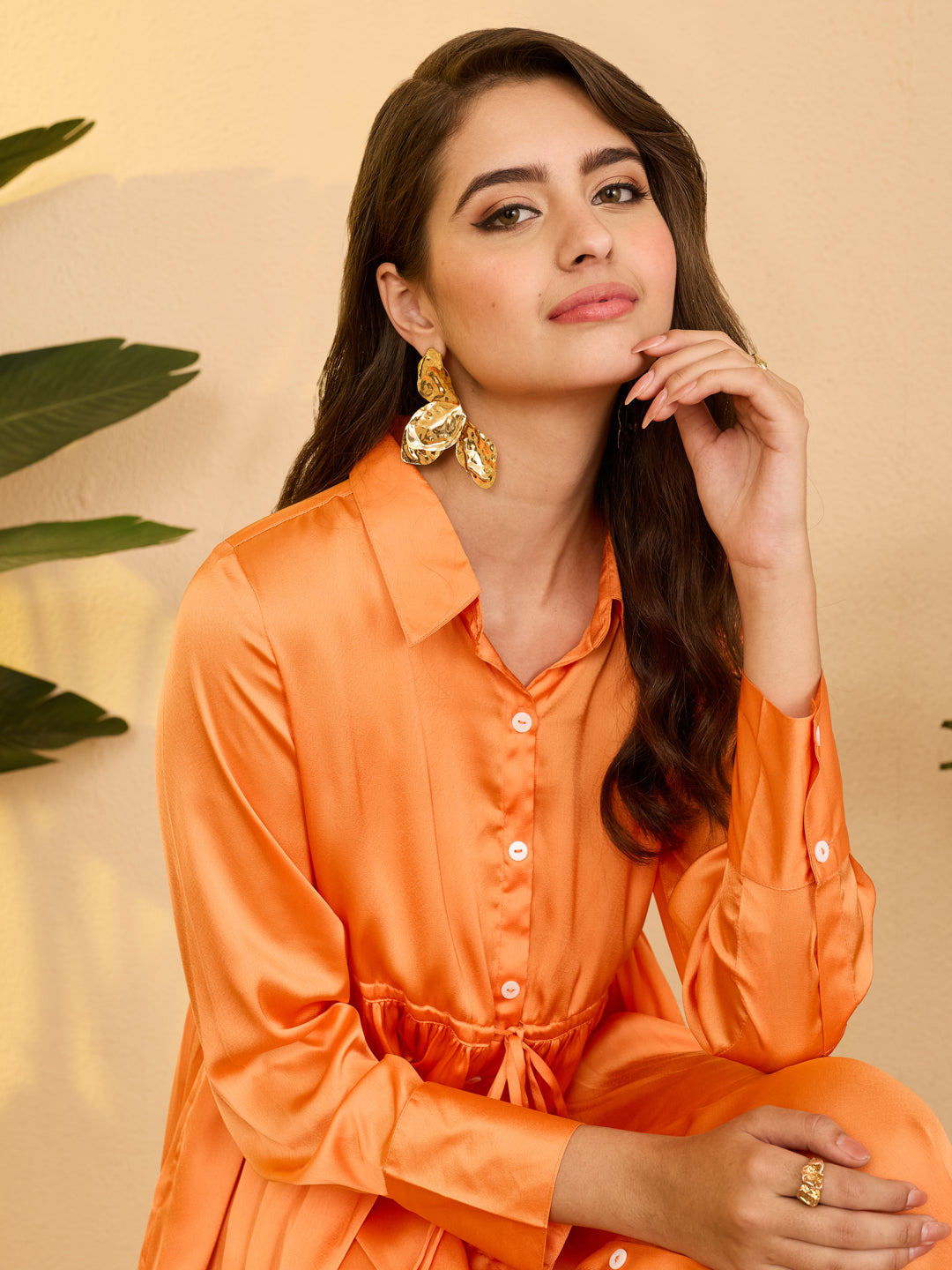 Janasya Women's Orange Satin Solid Fit & Flare Dress