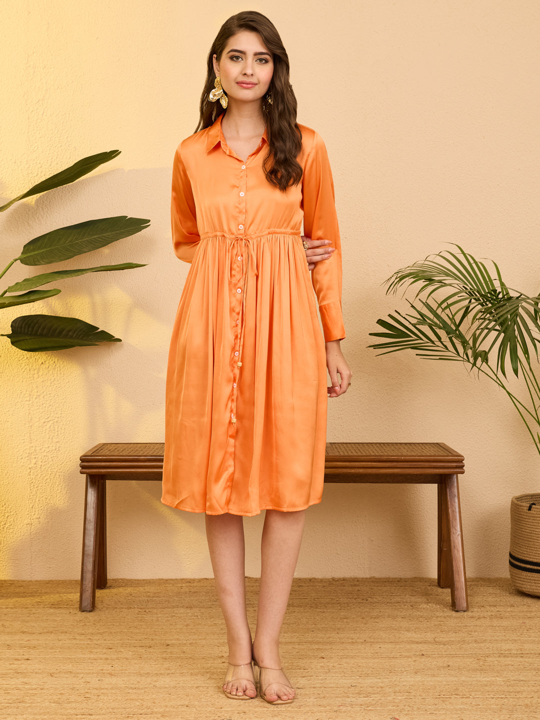 Janasya Women's Orange Satin Solid Fit & Flare Dress