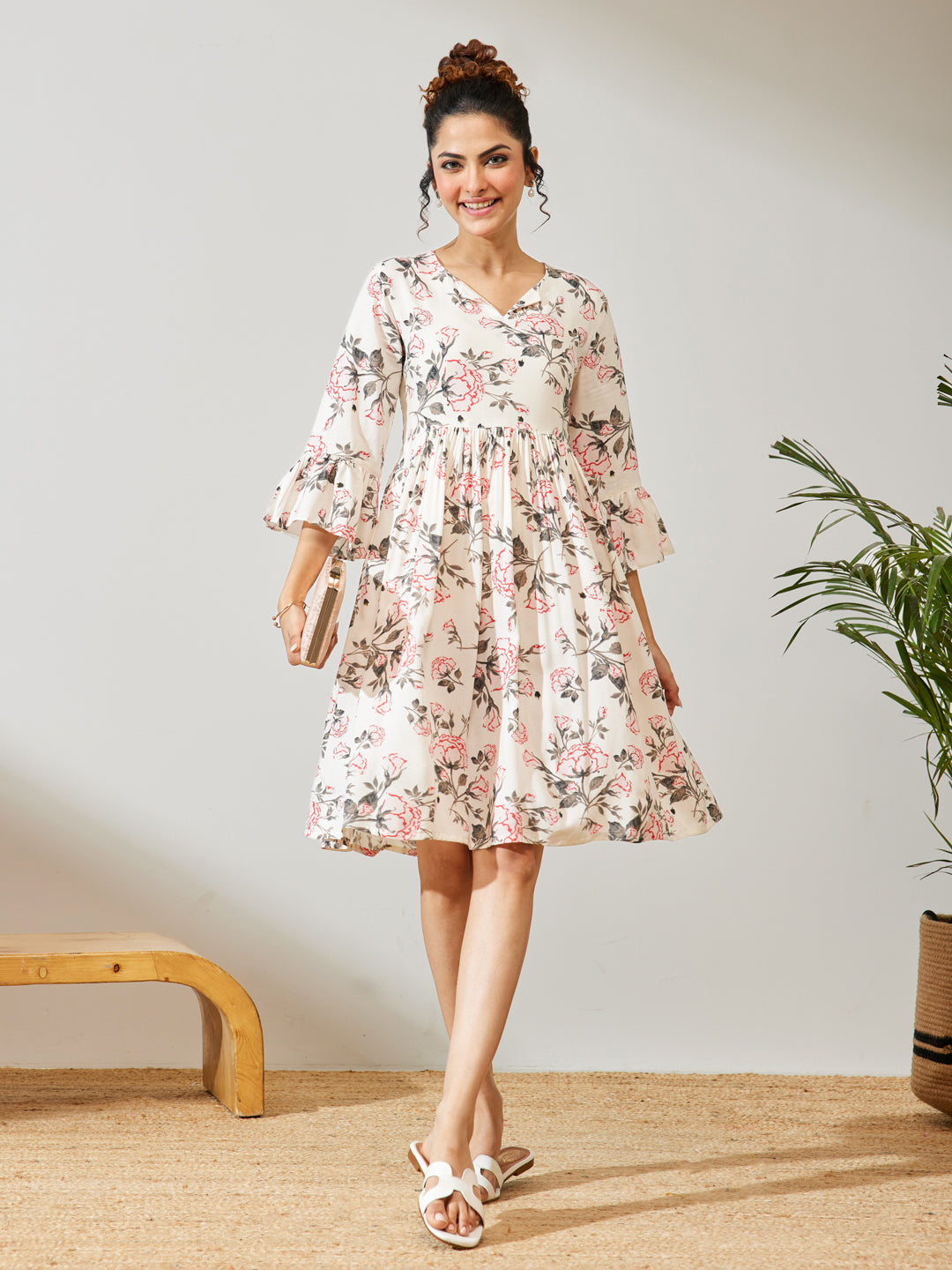 Janasya Women's Off White Rayon Floral Printed A-line Dress