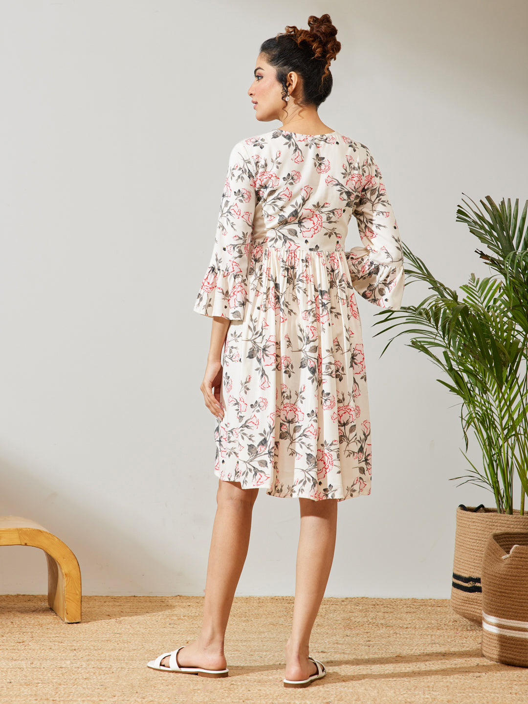 Janasya Women's Off White Rayon Floral Printed A-line Dress