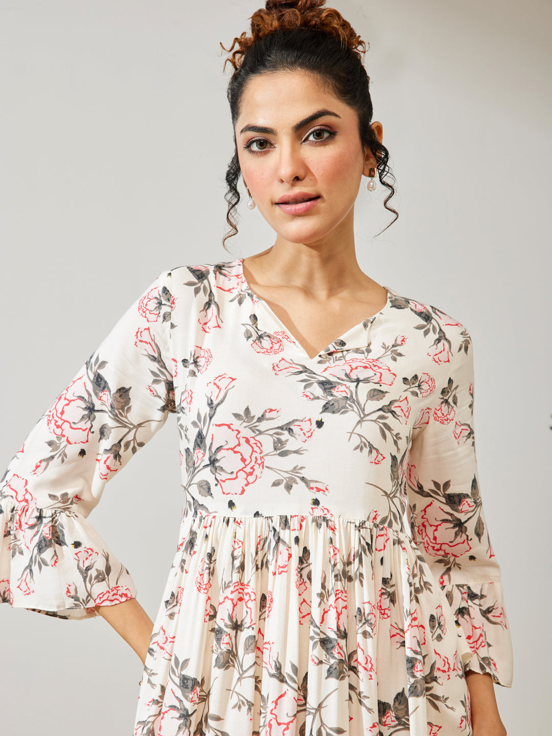 Janasya Women's Off White Rayon Floral Printed A-line Dress