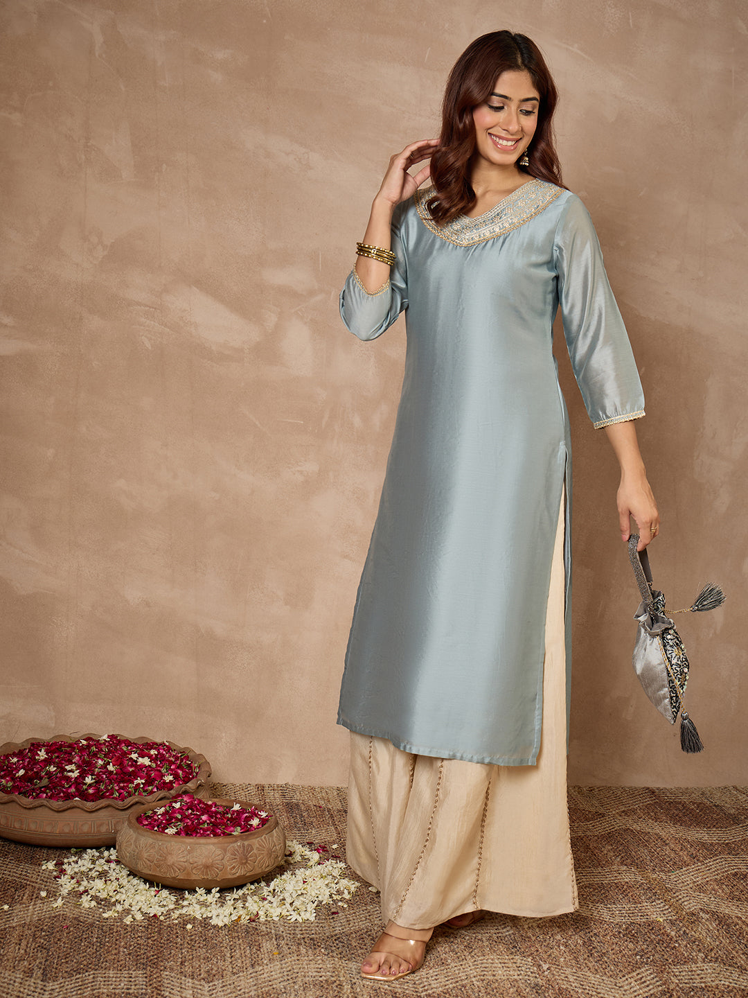 Janasya Women's Ice Blue Chanderi Yoke Embroidered Straight Kurta