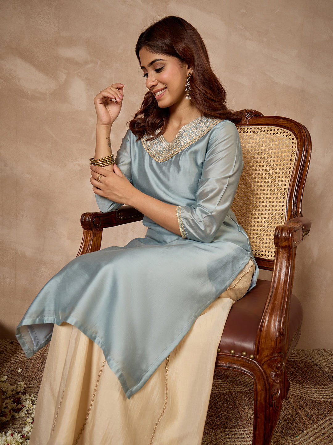 Janasya Women's Ice Blue Chanderi Yoke Embroidered Straight Kurta