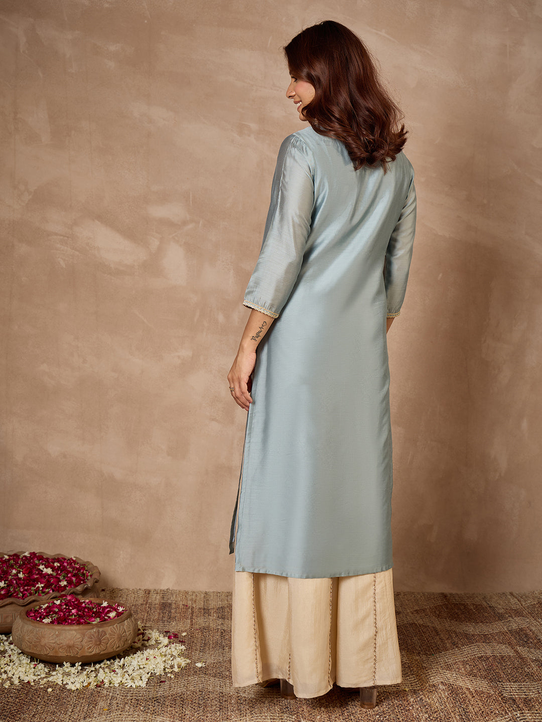 Janasya Women's Ice Blue Chanderi Yoke Embroidered Straight Kurta
