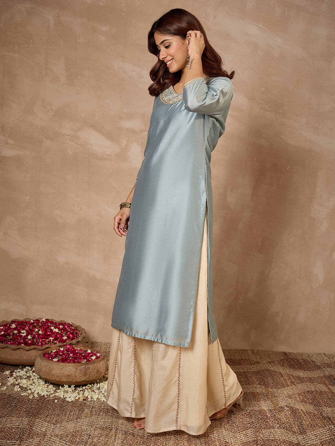 Janasya Women's Ice Blue Chanderi Yoke Embroidered Straight Kurta