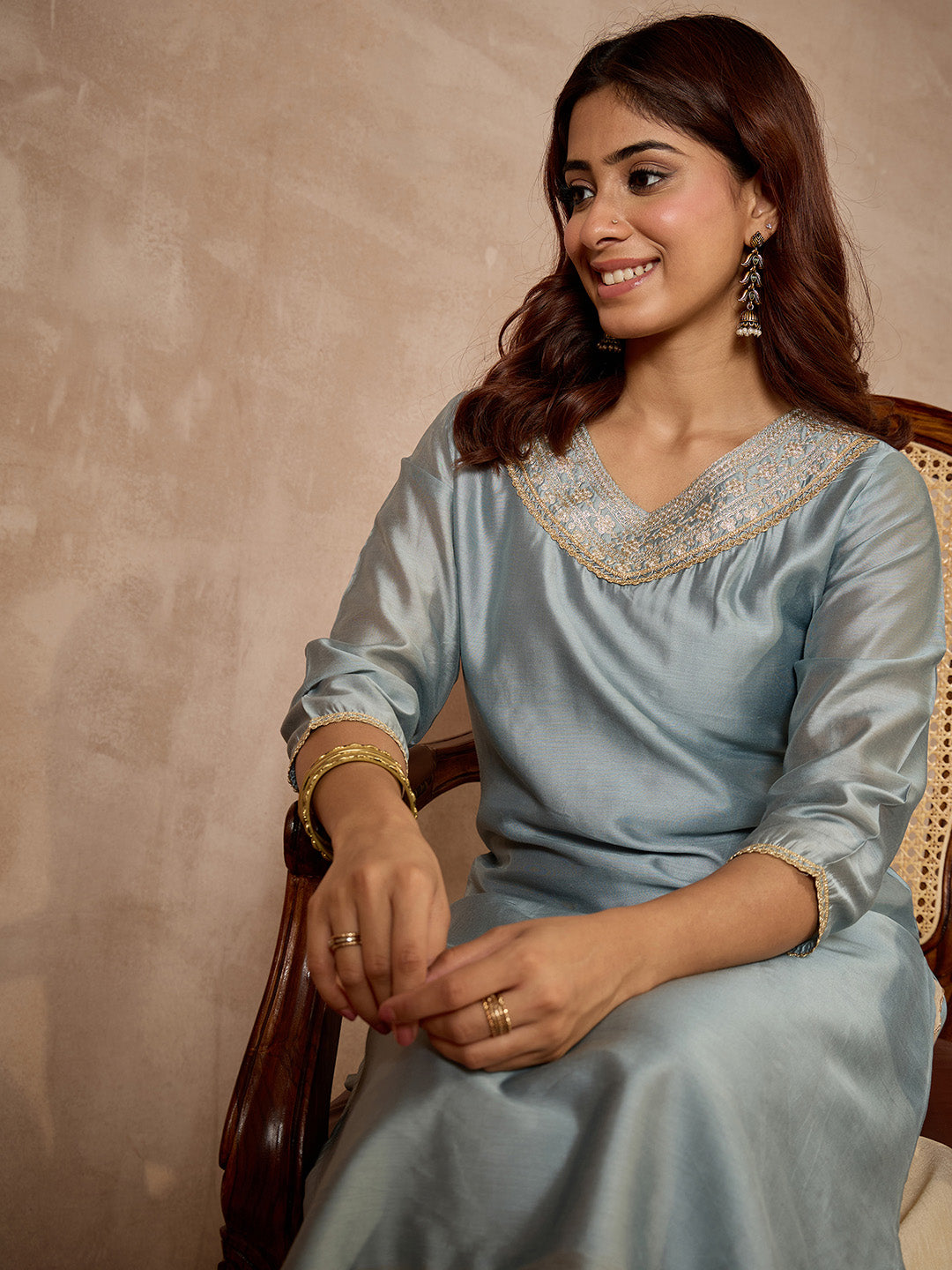 Janasya Women's Ice Blue Chanderi Yoke Embroidered Straight Kurta