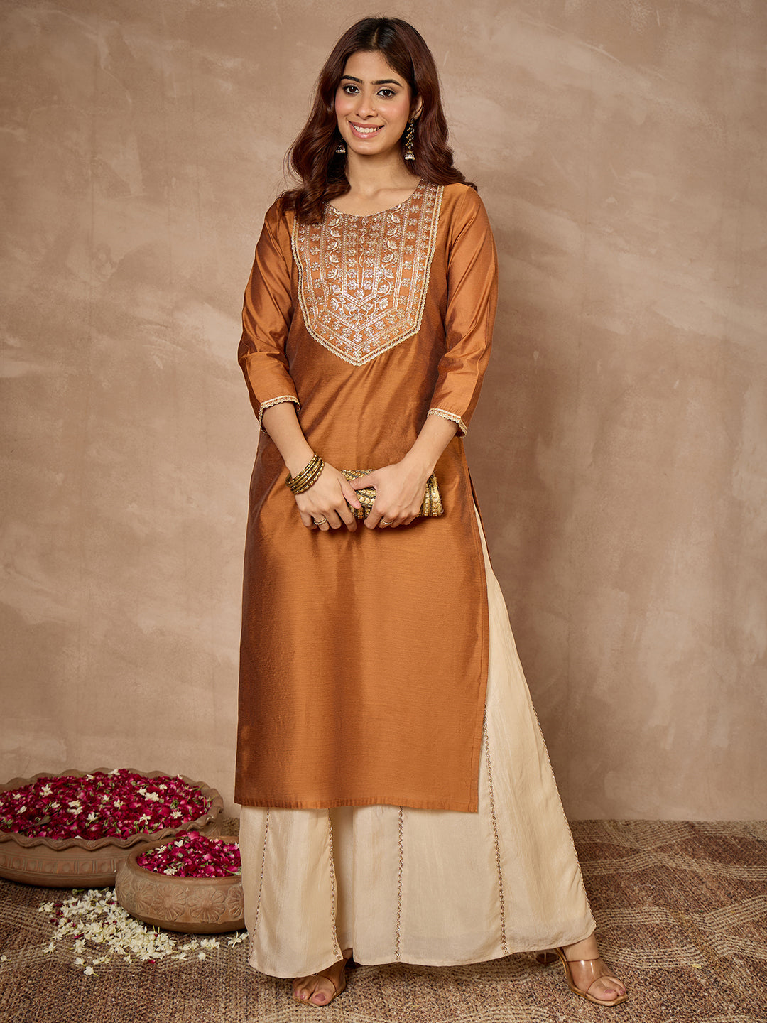 Janasya Women's Mustard Silk Blend Yoke Embroidered Straight Kurta