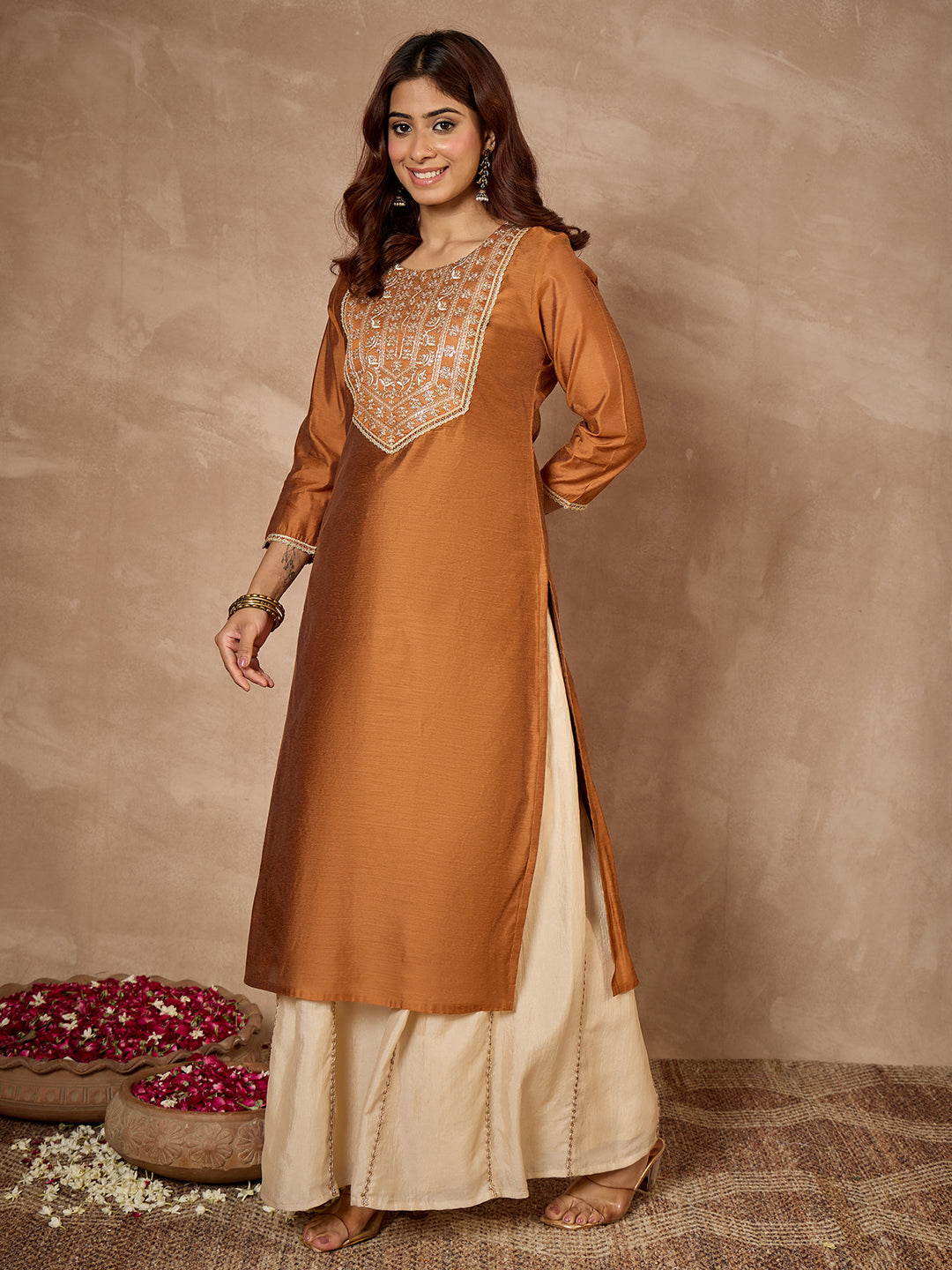 Janasya Women's Mustard Silk Blend Yoke Embroidered Straight Kurta