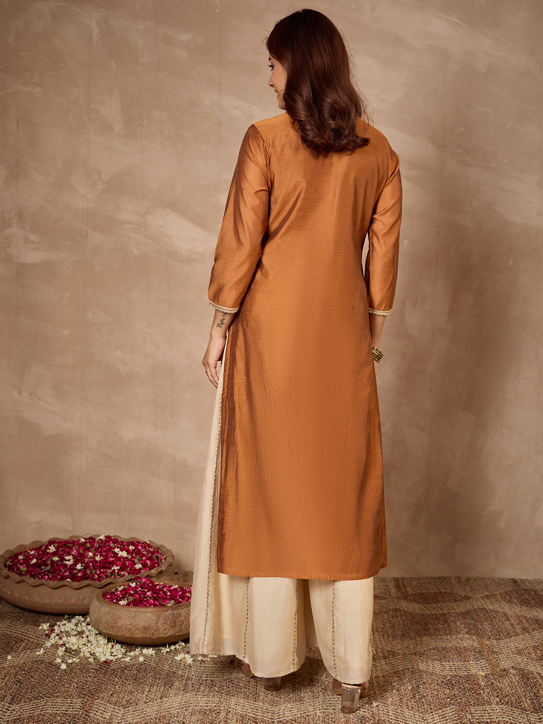 Janasya Women's Mustard Silk Blend Yoke Embroidered Straight Kurta